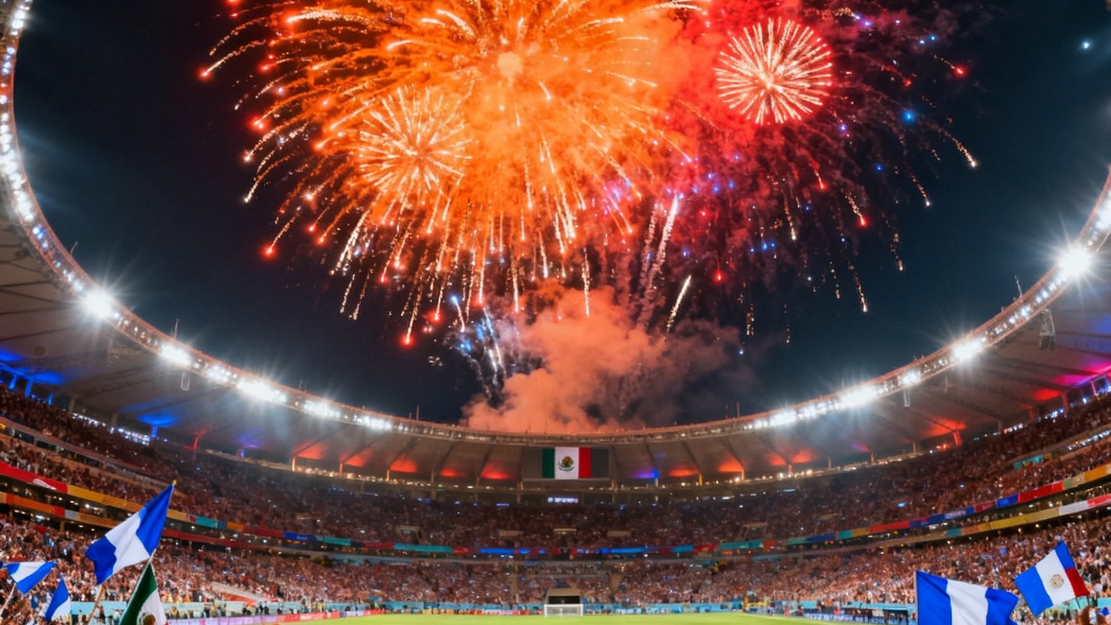 世界杯决赛墨西哥城体育场全景烟火，球迷举旗帜庆祝，2026年7月19日