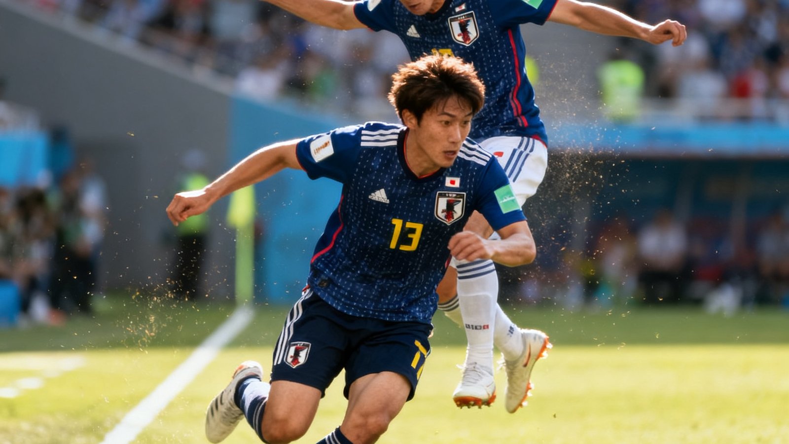 日本队三笘薰边路快速突破下底传中，队友头球攻门，比赛集锦画面